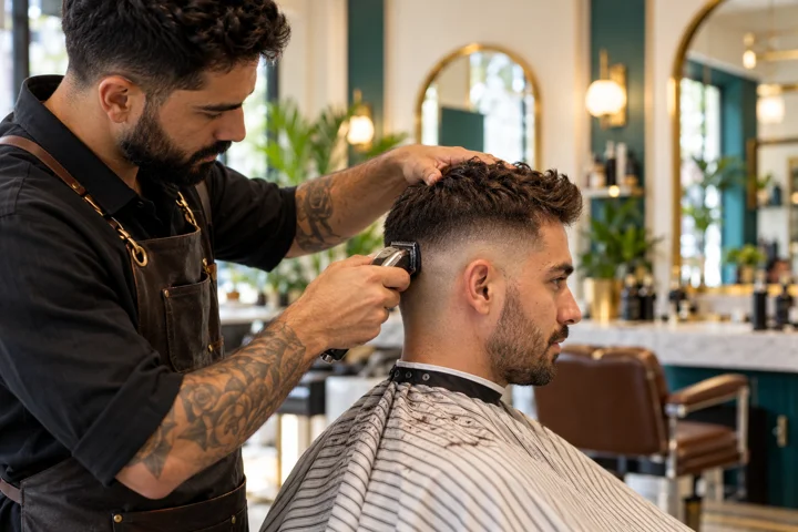 Un barbero realiza un corte de cabello a un cliente