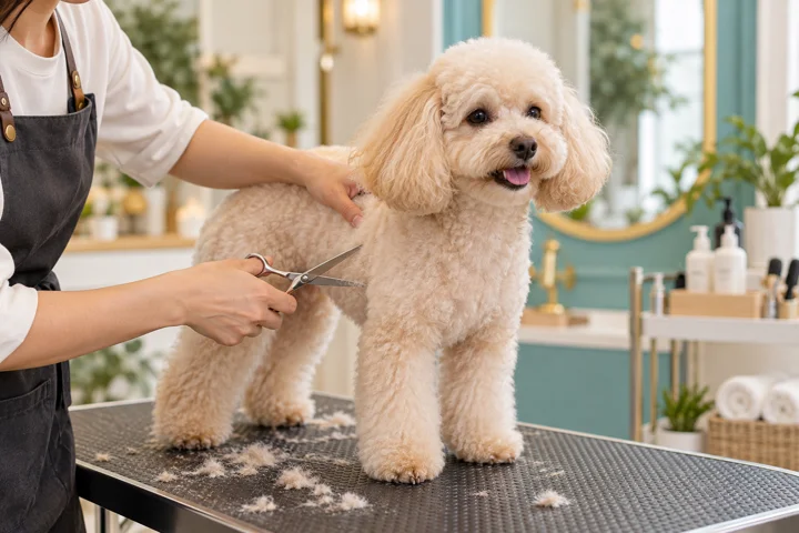 Un perro tranquilo recibe un corte en una peluquería canina