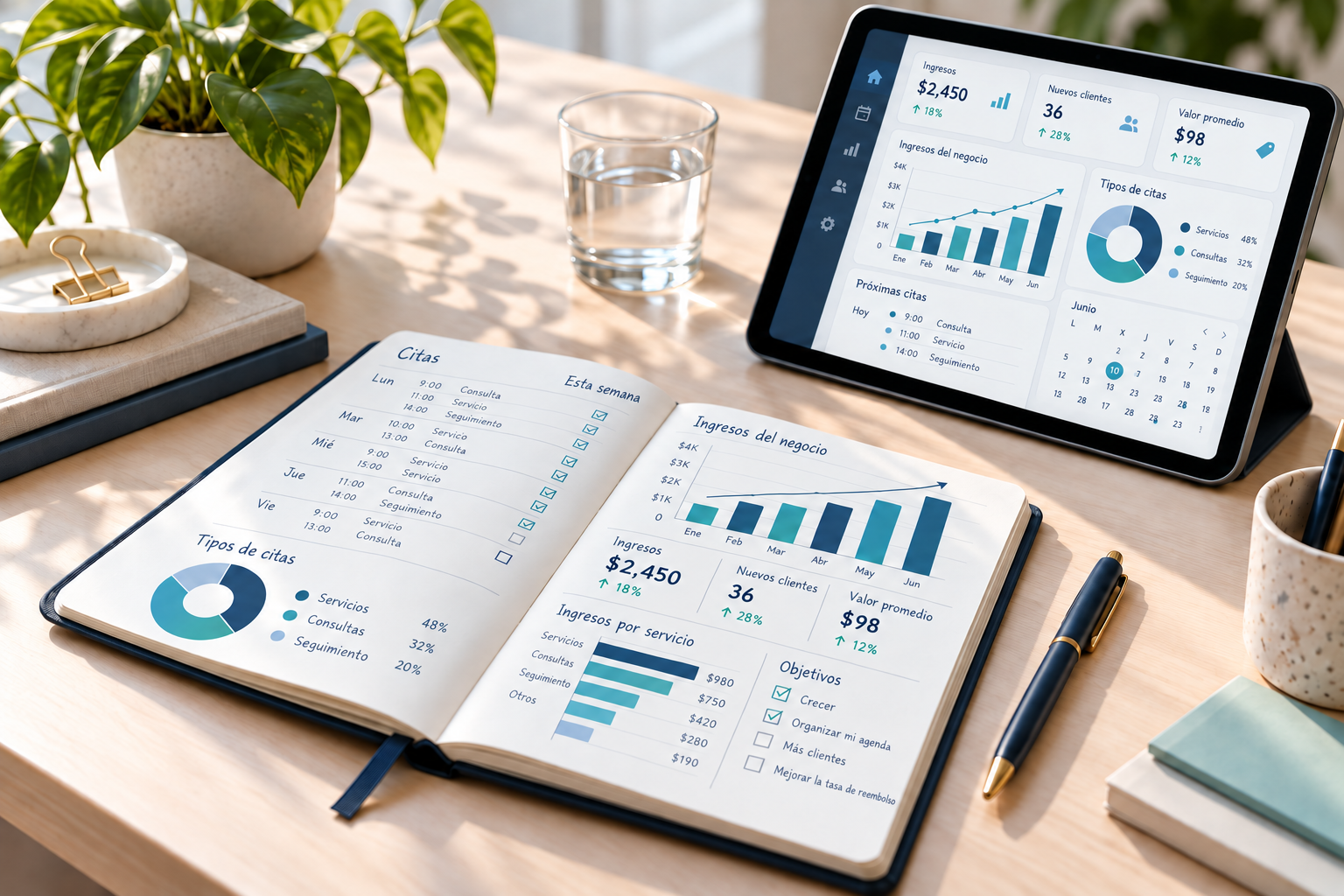 Agenda e iPad con gráficos de barras, ingresos y calendario para representar la organización de tu negocio con SuCita