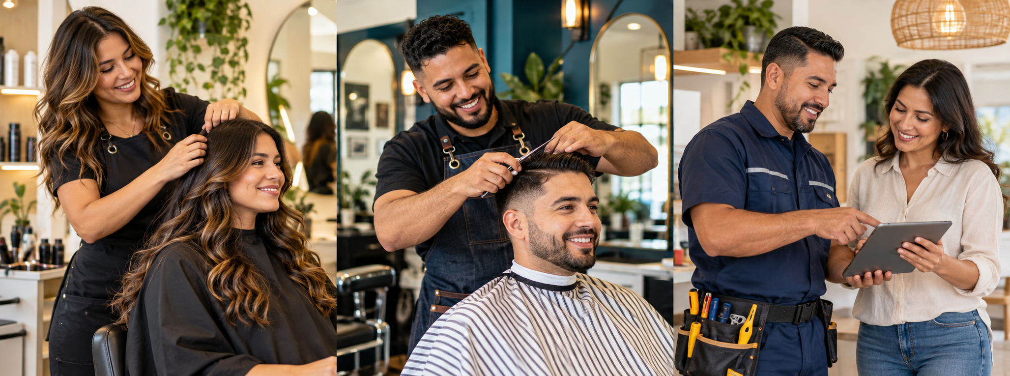 Profesionales de belleza, barbería y servicios atendiendo a sus clientes